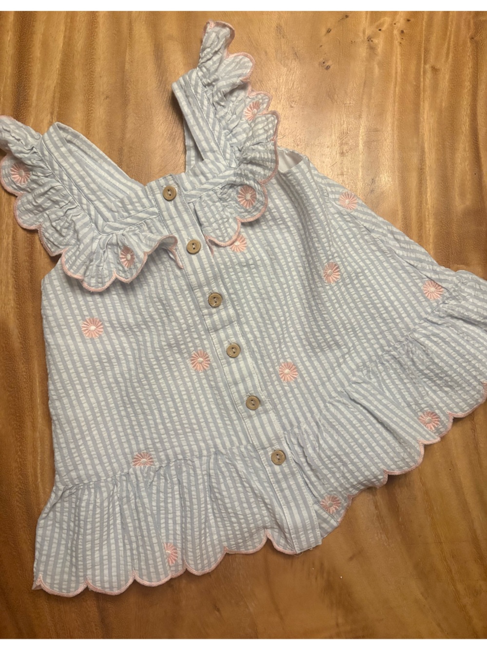 2T Light Blue Striped Ruffle Tank Top with Pink Embroidery